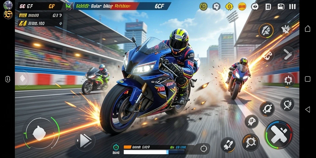 Screenshot gameplay 6CF dengan balapan motor yang menegangkan.