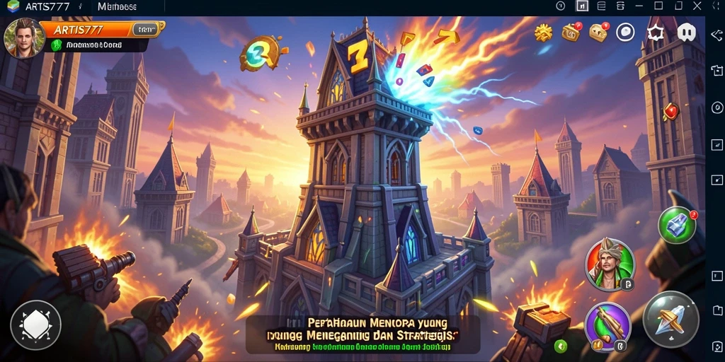 Screenshot utama ARTIS777 menampilkan aksi pertahanan menara yang seru.