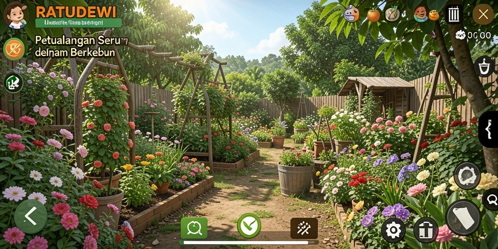 Tangkapan layar gameplay <strong>RATUDEWI</strong> yang menampilkan proses berkebun yang menarik.