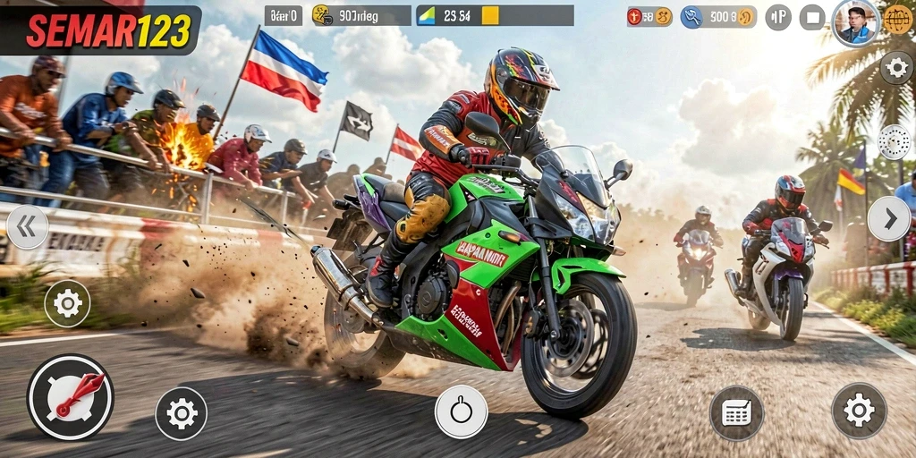 Tangkapan layar dari gameplay seru SEMAR123 dengan aksi balapan motor.